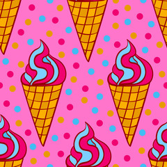 Hand drawn colorful seamless pattern with strawberry ice cream in the waffle cone. Vector illustration.