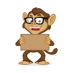Chimp cartoon mascot holding wooden plank