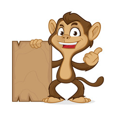 Chimp cartoon mascot holding wooden plank