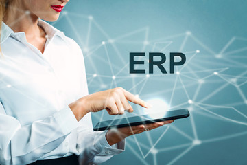 ERP text with business woman using a tablet