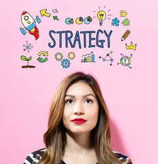 Strategy text with young woman on a pink background