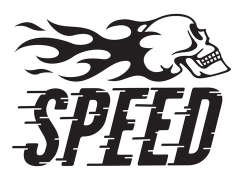Speed Retro Vector Design with speed lines and flaming skull
Vector illustration of vintage hot rod, motorcycle, car graphic with custom speed line typography and side view of skull and flames.