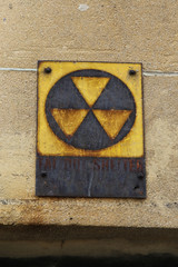 New York City: Fallout shelter sign from the cold war on the opposite to the United Nations building in Manhattan