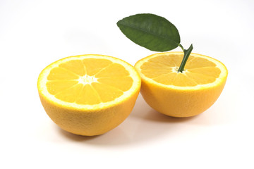 Two halves of orange on a white background.