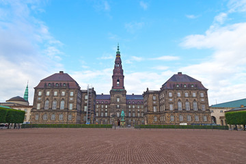 Historic Christiansborg Palace and government building in central Copenhagen, Denmark. The palace is home to the executive, legislative and judicial power of Danish government.
