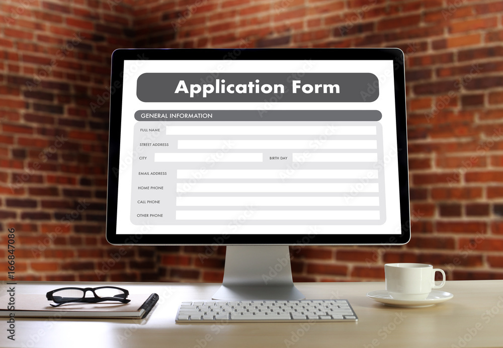 Poster business man working on laptop computer use online web job application form moniter