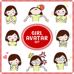 Cute cartoon illustration of girl and woman avatar icon in various activities and mood set 1. Girl icon set in Japanese manga style, create by vector