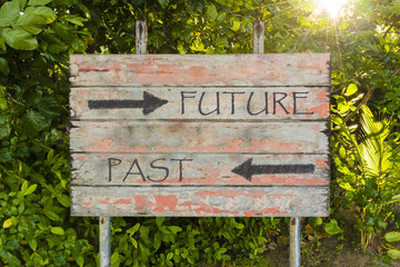 Future versus Past with directional arrows on old vintage board sign in the forrest, with sun rays in background.