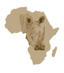Naklejka premium Map of Africa with drawn rhino