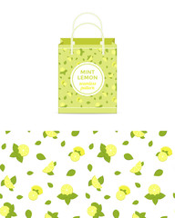 Lemon and mint vector colorful seamless pattern and shopping bag