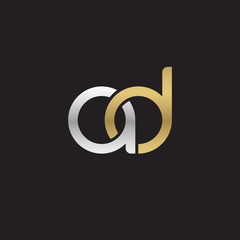 Initial lowercase letter ad, linked overlapping circle chain shape logo, silver gold colors on black background
 
