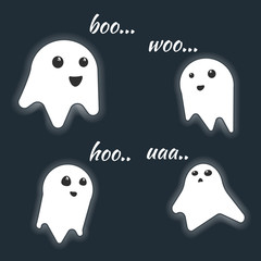 Cute little vector luminous screaming ghost characters with scream text. Halloween monsters for your spooky holiday design