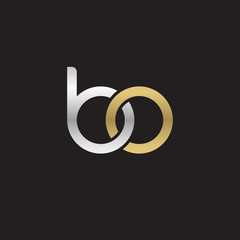 Initial lowercase letter bo, linked overlapping circle chain shape logo, silver gold colors on black background
 
