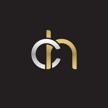 Initial lowercase letter ch, linked overlapping circle chain shape logo, silver gold colors on black background