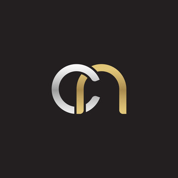 Initial lowercase letter cn, linked overlapping circle chain shape logo, silver gold colors on black background