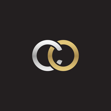 Initial lowercase letter co, linked overlapping circle chain shape logo, silver gold colors on black background