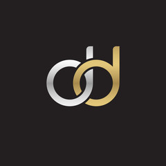 Initial lowercase letter dd, linked overlapping circle chain shape logo, silver gold colors on black background