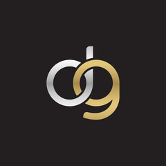 Initial lowercase letter dg, linked overlapping circle chain shape logo, silver gold colors on black background