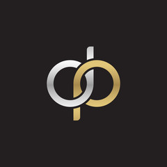 Initial lowercase letter dp, linked overlapping circle chain shape logo, silver gold colors on black background