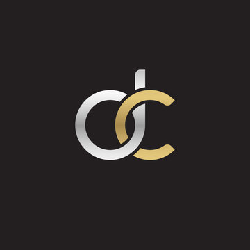 Initial lowercase letter dc, linked overlapping circle chain shape logo, silver gold colors on black background