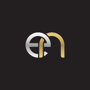 Initial lowercase letter en, linked overlapping circle chain shape logo, silver gold colors on black background