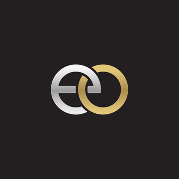 Initial lowercase letter eo, linked overlapping circle chain shape logo, silver gold colors on black background