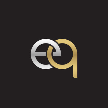 Initial lowercase letter eq, linked overlapping circle chain shape logo, silver gold colors on black background