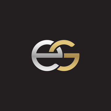 Initial lowercase letter es, linked overlapping circle chain shape logo, silver gold colors on black background