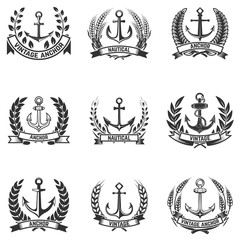 Set of the emblems with anchors and wreaths. Design elements for logo, label, emblem, sign, badge. Vector illustration