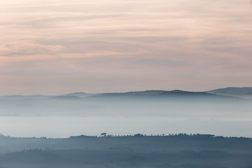 A view of some distant trees on a hill, with a background of fog and distant mountains beneath a soft and warm sunset cloudscape