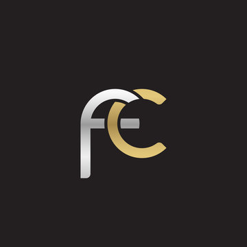 Initial lowercase letter fc, linked overlapping circle chain shape logo, silver gold colors on black background