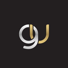 Initial lowercase letter gu, linked overlapping circle chain shape logo, silver gold colors on black background