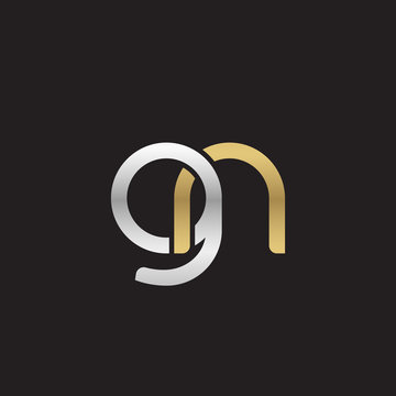 Initial lowercase letter gn, linked overlapping circle chain shape logo, silver gold colors on black background