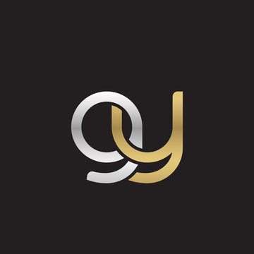Initial lowercase letter gy, linked overlapping circle chain shape logo, silver gold colors on black background