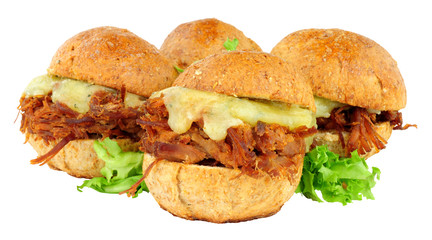 Group of small shredded beef sandwich sliders with melted cheese isolated on a white background