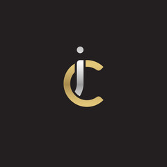 Initial lowercase letter ic, linked overlapping circle chain shape logo, silver gold colors on black background