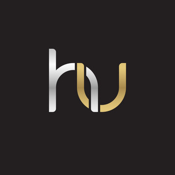 Initial lowercase letter hu, linked overlapping circle chain shape logo, silver gold colors on black background