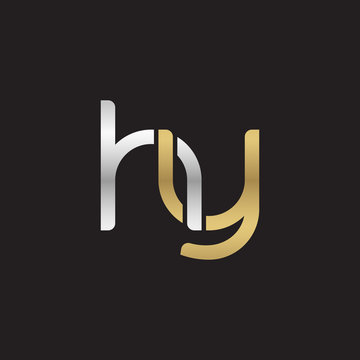 Initial lowercase letter hy, linked overlapping circle chain shape logo, silver gold colors on black background