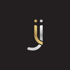 Initial lowercase letter ij, ji, linked overlapping circle chain shape logo, silver gold colors on black background