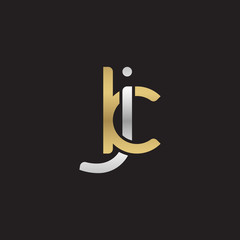 Initial lowercase letter jk, linked overlapping circle chain shape logo, silver gold colors on black background