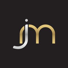 Initial lowercase letter jm, linked overlapping circle chain shape logo, silver gold colors on black background