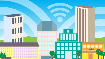 Fototapeta premium Smart city wi-fi. Buildings and trees, cafe. Vector