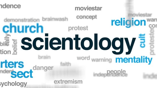 Scientology animated word cloud, text design animation.