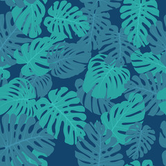 Naklejka na ściany i meble Seamless tropical vector pattern with tropical plants. Exotic background with monstera leaves. Fashion jungle print for design.