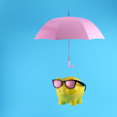 Protecting money concept, Piggy with glasses protection by pink umbrella on  blue background.minimal concept idea.