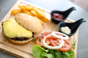 Meat cheese hamburger with salad and French Fries and sauce