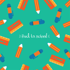 Pencil, pen, ruler and inscription. Back to school. Seamless pattern for a postcard or poster. Congratulation for schoolchildren. Modern and fresh decoration for the holiday on a green background. Bea
