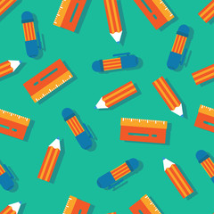 Pencil, pen, ruler. Seamless pattern for a postcard or poster. Congratulation for schoolchildren. Modern and fresh decoration for the holiday on a green background