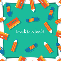 Pencil, pen, ruler and inscription. Back to school. Seamless pattern for a postcard or poster. Congratulation for schoolchildren. Modern and fresh decoration for the holiday on a green background. Bea