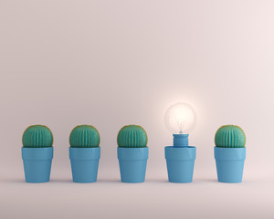 Fototapeta na wymiar Light bulbs glowing one different idea Cactus in blue flower pot on pastel pink background , minimal concept